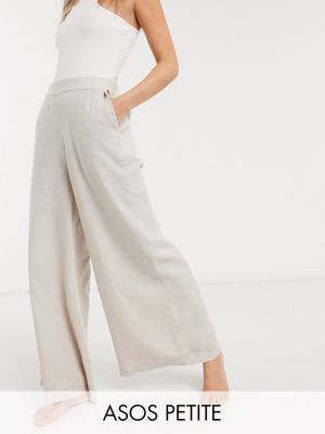 Asos Design Petite Woven Wide Leg Pants In Stone