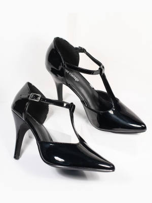 Unique Vintage Black Patent Leatherette T-strap Heels