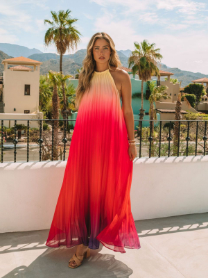 Mykonos Pleated Ombre Halter Maxi Dress - Pink Red