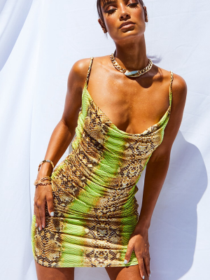 Tan Snake Print Strappy Ruched Bodycon Dress