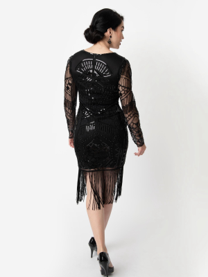 Unique Vintage 1920s Black Beaded Long Sleeve Fringe Celia Flapper Dress