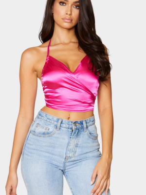 Hot Pink Satin Cross Tie Detail Crop Top