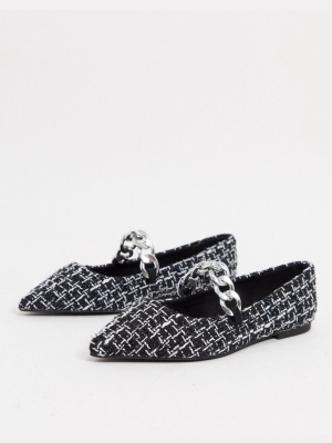 Asos Design Lise Pointed Chain Ballet Flats In Black And White Tweed
