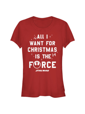 Junior's Star Wars Christmas Want The Force T-shirt