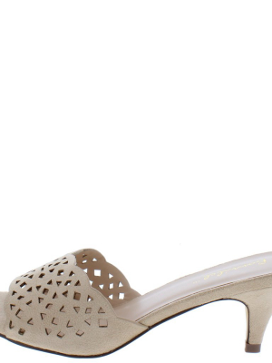 Celia3 Nude Laser Cut Open Toe Slide On Kitten Heel