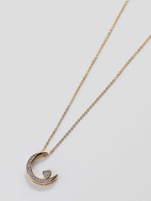 Crescent And Heart Necklace In Gold Tone