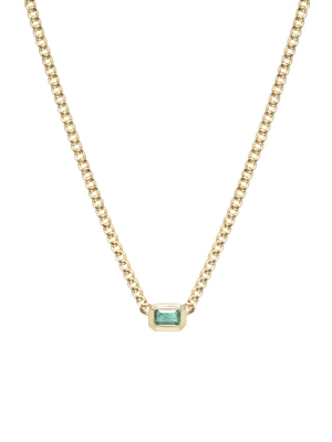 14k Extra Small Curb Chain Emerald Cut Emerald Bezel Necklace