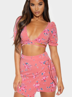 Dusty Pink Crepe Floral Print Short Sleeve Crop...