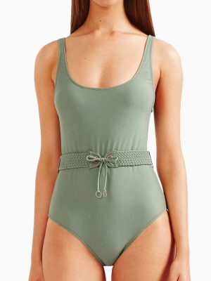 Halle Belted Corset Lace Up One Piece Swimsuit - Vine Green