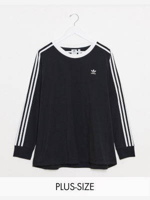 Adidas Originals Plus Logo Three Stripe Crew Neck Long Sleeve Top In Black