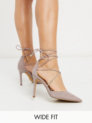 Asos Design Wide Fit Whisper Tie Leg High Stiletto Heels In Taupe