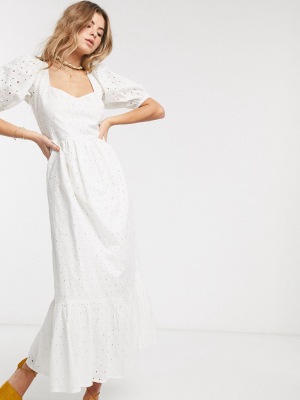 Asos Design Broderie Tiered Maxi Dress With Puff Sleeves And Open Back In White