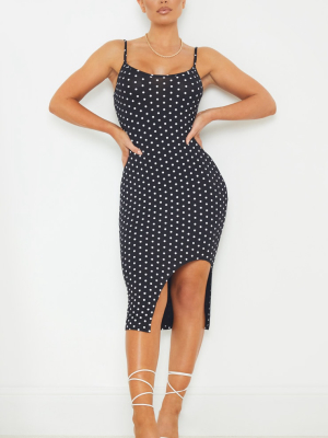 Black Polka Dot Jersey Split Front Strappy Midi...