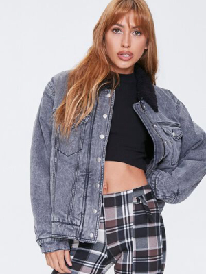 Faux Shearling-collar Denim Jacket