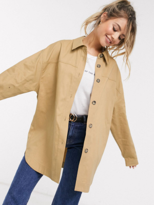 Asos Design Oversized Cotton Shirt Shacket In Stone