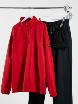 Asos Design Polar Fleece Sweatshirt With Half Zip & Badge In Red
