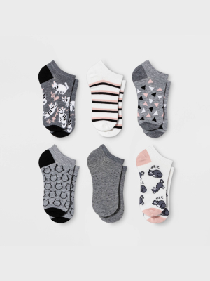 Women's Playful Cats 6pk Low Cut Socks - Xhilaration™ Gray/white 4-10