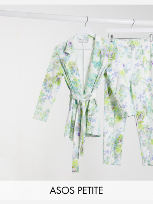 Asos Design Petite Jersey Wrap Suit Blazer In White Floral