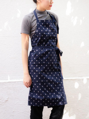 Japanese Cafe Kasuri-ori Apron, Indigo Polka Dots