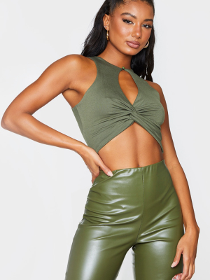 Khaki Jersey Keyhole Cut Out Twist Crop Top