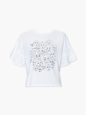 Ruffle-trim Face Graphic Tee