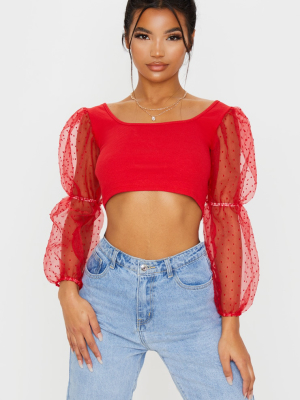 Red Rib Puff Sleeve Organza Crop Top