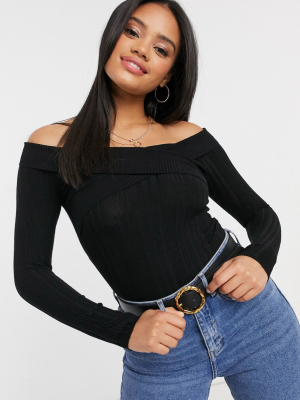 Miss Selfridge Wide Rib Bardot Sweater In Black