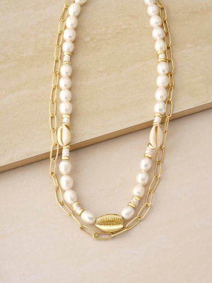 Sea Siren Pearl, Shell, And 18k Gold Plated Chain Link Layered Necklace