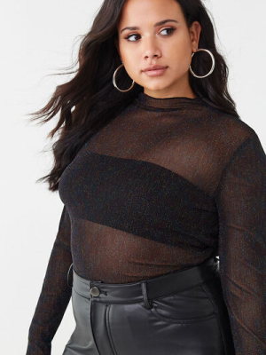 Plus Size Sheer Mesh Metallic Bodysuit