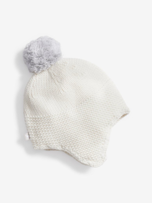 Cream Trapper Hat With Pom Pom