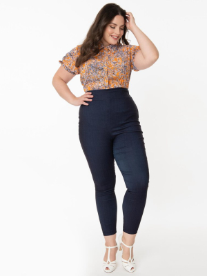 Unique Vintage Plus Size Indigo Denim High Waist Rizzo Pants