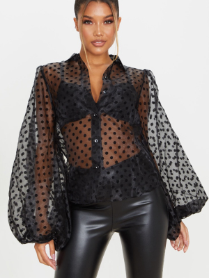 Black Sheer Polka Dot Bell Sleeve Shirt