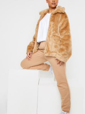 Camel Long Faux Fur Pocket Front Jacket