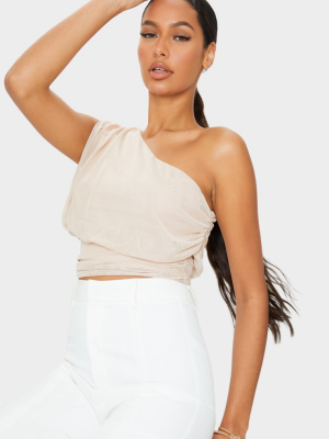 Nude Mesh Ruched One Shoulder Crop Top