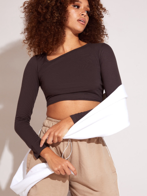 Chocolate Jersey Slashed Neck Long Sleeve Crop Top