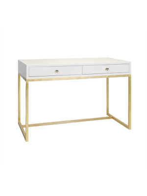 William White Lacquer 2 Drawer Desk On Gold Leafed Base