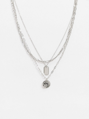 Asos Design Short Layered Neckchains With Tag Pendant In Shiny Silver Tone