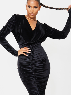 Black Velvet Cowl Ruched Long Sleeve Midi Dress