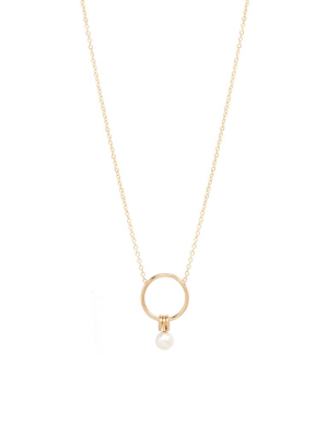 14k Small Circle Necklace With 3 Rings And Single Pearl