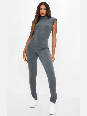 Charcoal Rib Shoulder Pad Split Hem Jumpsuit