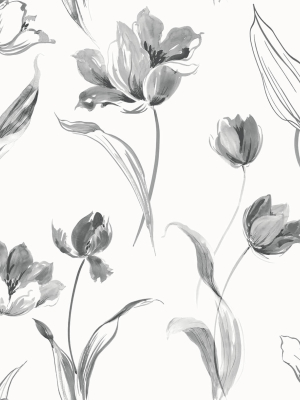 Tulip Toss Peel-and-stick Wallpaper In Black And White By Nextwall