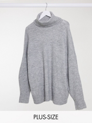 New Look Curve Longline Volume Sleeve Slouchy Roll-neck Sweater In Gray