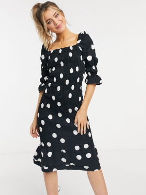 Never Fully Dressed Shirred Peplum Hem Midi Dress In Mono Spot Print