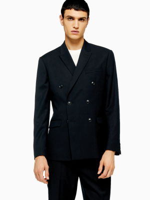 Navy Textured Slim Fit Double Breasted Suit Blazer With Notch Lapels